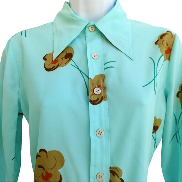 Vintage 60s Diane Rich California Floral Blouse Dagger Collar Floral Mint Green - Picture 3 of 6